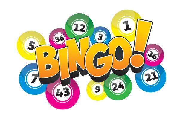 the word bingo in yellow lettering with colorful numbered bingo balls around it