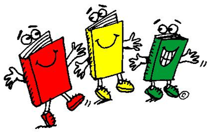 3 cartoon books standing side by side dancing