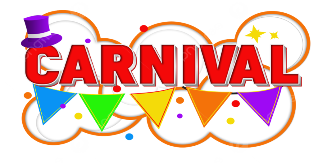 colorful letters spelling out carnival with a top hat on the letter C and colorful flags under the word