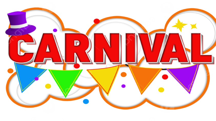 colorful letters spelling out carnival with a top hat on the letter C and colorful flags under the word