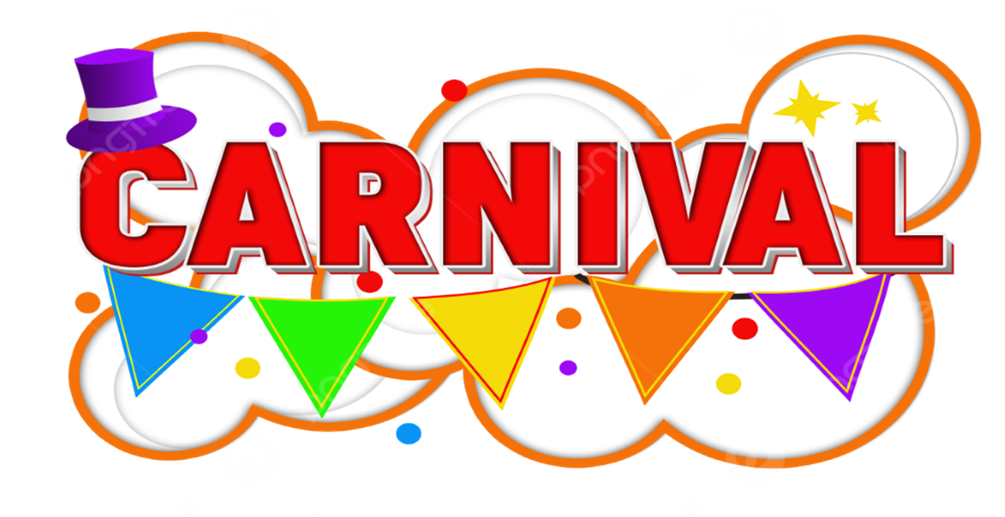 colorful letters spelling out carnival with a top hat on the letter C and colorful flags under the word
