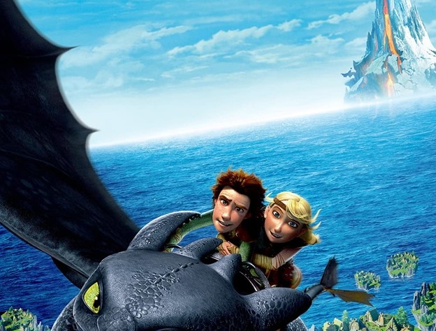 cartoon image of a boy and girl riding on a black dragon who is flying over the water