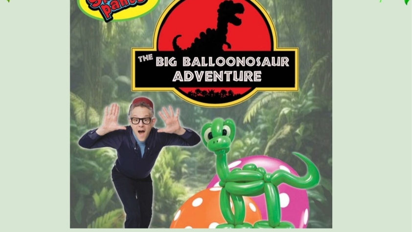 flyer with dinosaur balloon figures and a man showing jazz hands. details of event are in the event description