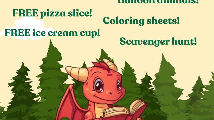 event flyer with cartoon picture of a dragon reading a book. details are in description of event