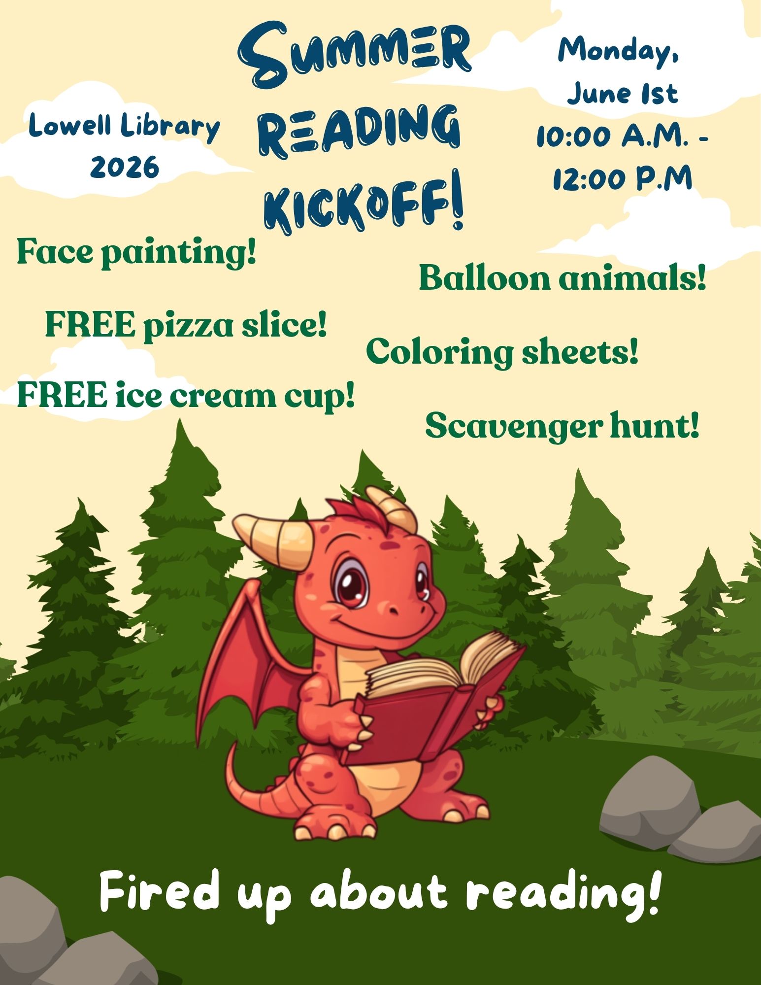 event flyer with cartoon picture of a dragon reading a book. details are in description of event