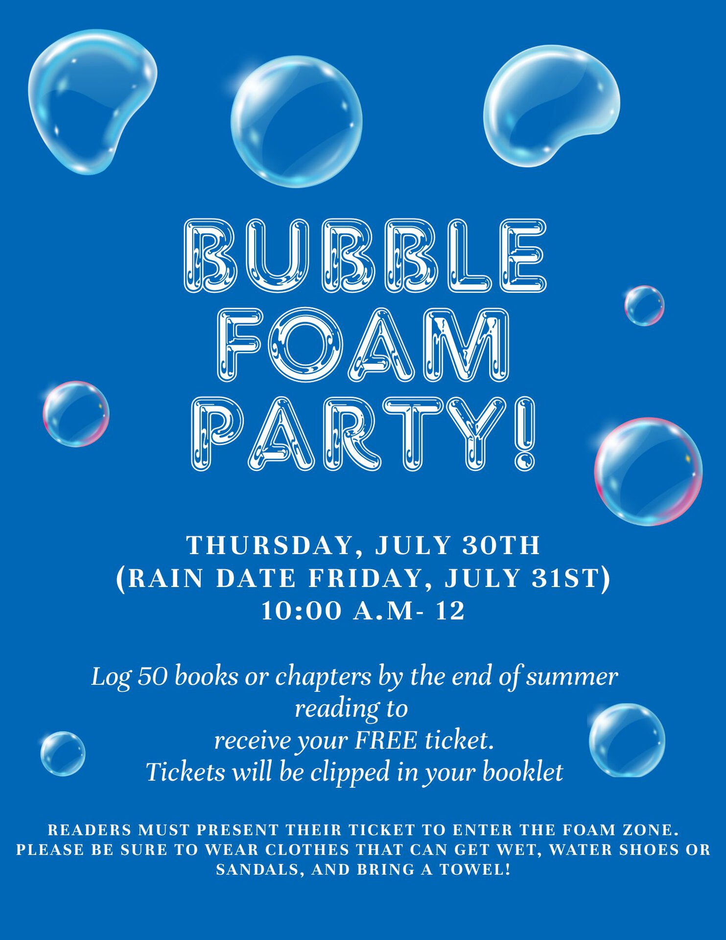 blue flyer with bubbles. Bubble foam party! details in event description