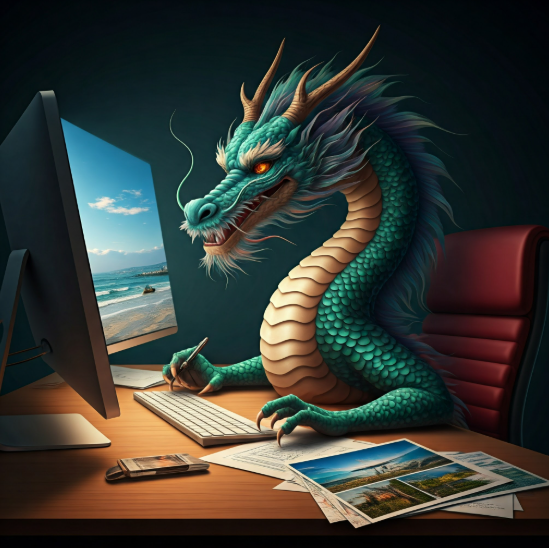 dragon at computer Asian style dragon sitting at a desktop computer with photos on a desk.