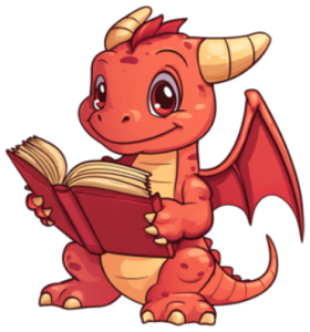 a young orange dragon happily reading a book