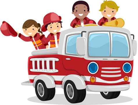 Animated red fire truck with 4 cartoon fire fighters smiling on the back of the truck