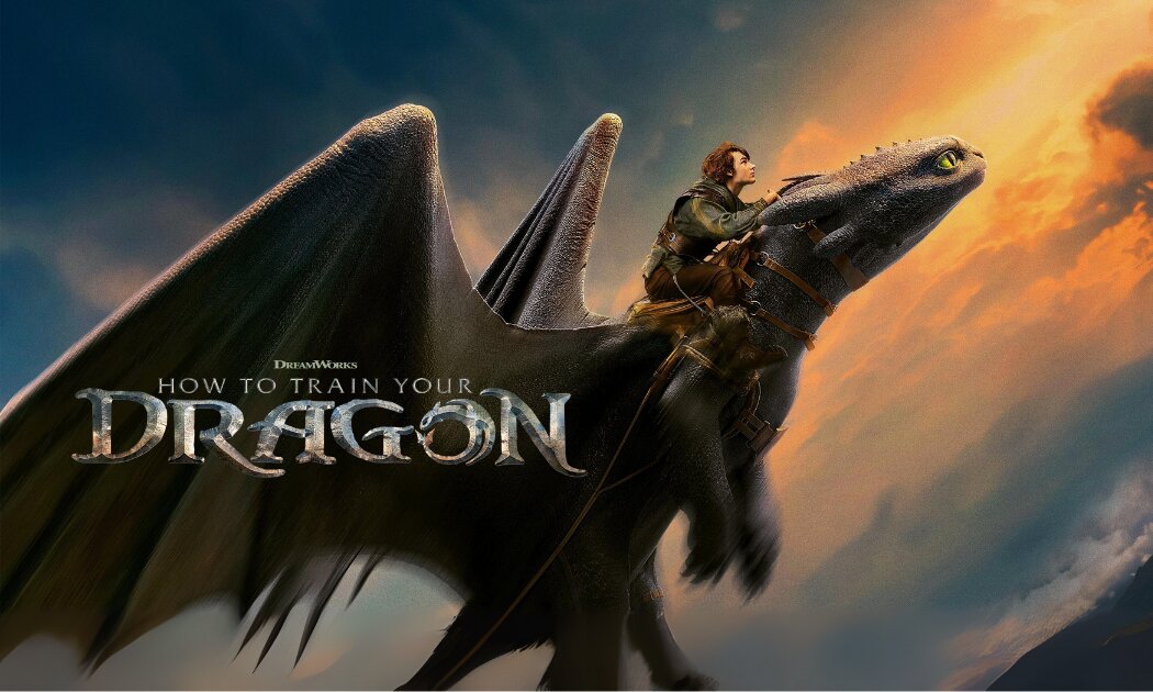 image of a boy riding on a black dragon who is flying through the clouds