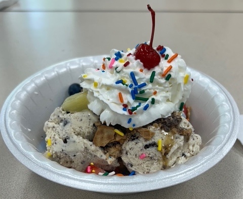 a bowl of ice cream with caramel, sprinkles, whipped cream and a cherry as toppings.