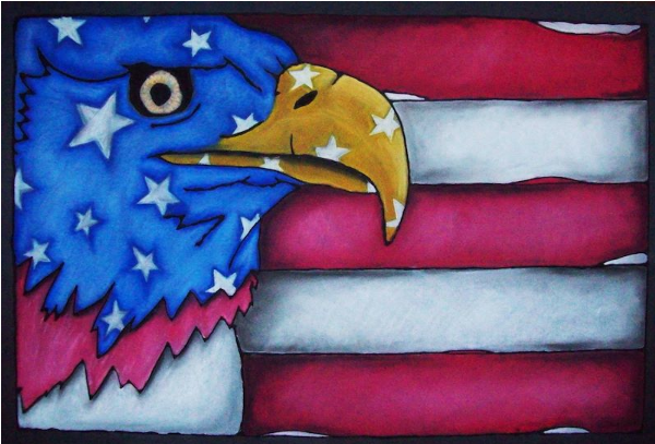 Eagle head colored blue with white stars and red & white horizontal stripes on the right side of it