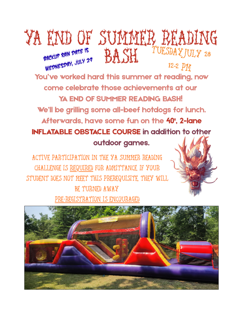Flyer with Summer Reading Bash info and inflatable obstacle course photo.