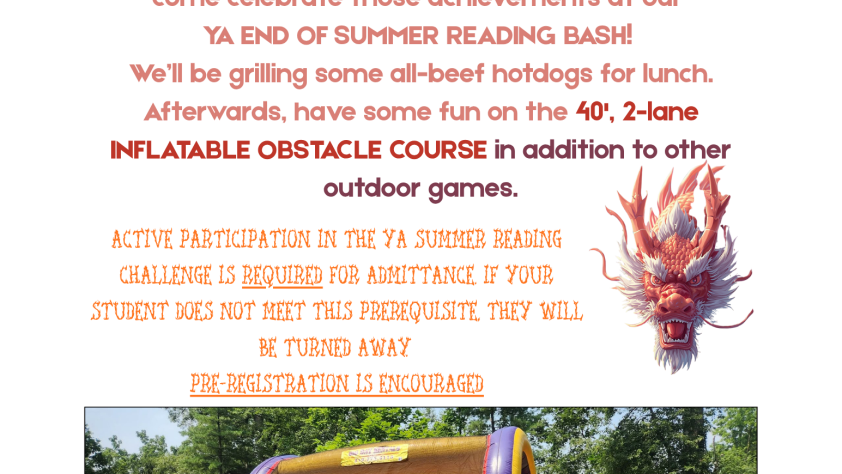 Flyer with Summer Reading Bash info and inflatable obstacle course photo.