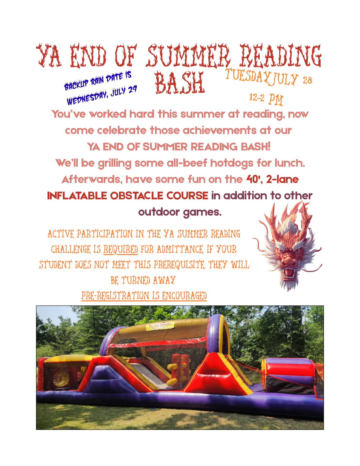 Flyer with Summer Reading Bash info and inflatable obstacle course photo.