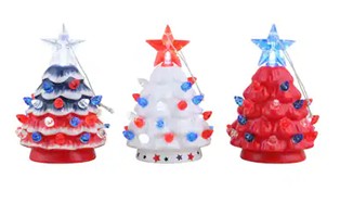 red, white, and blue ceramic Christmas trees