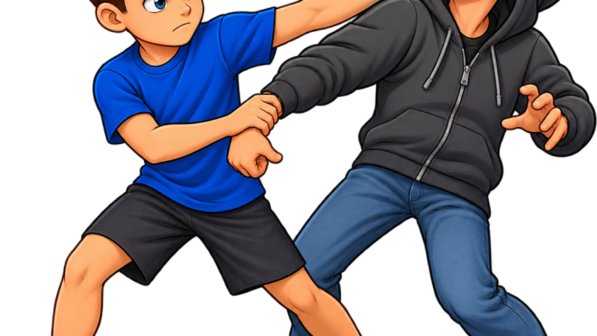 A young teenage boy practicing self-defense against an aggressor wearing a hooded sweatshirt.