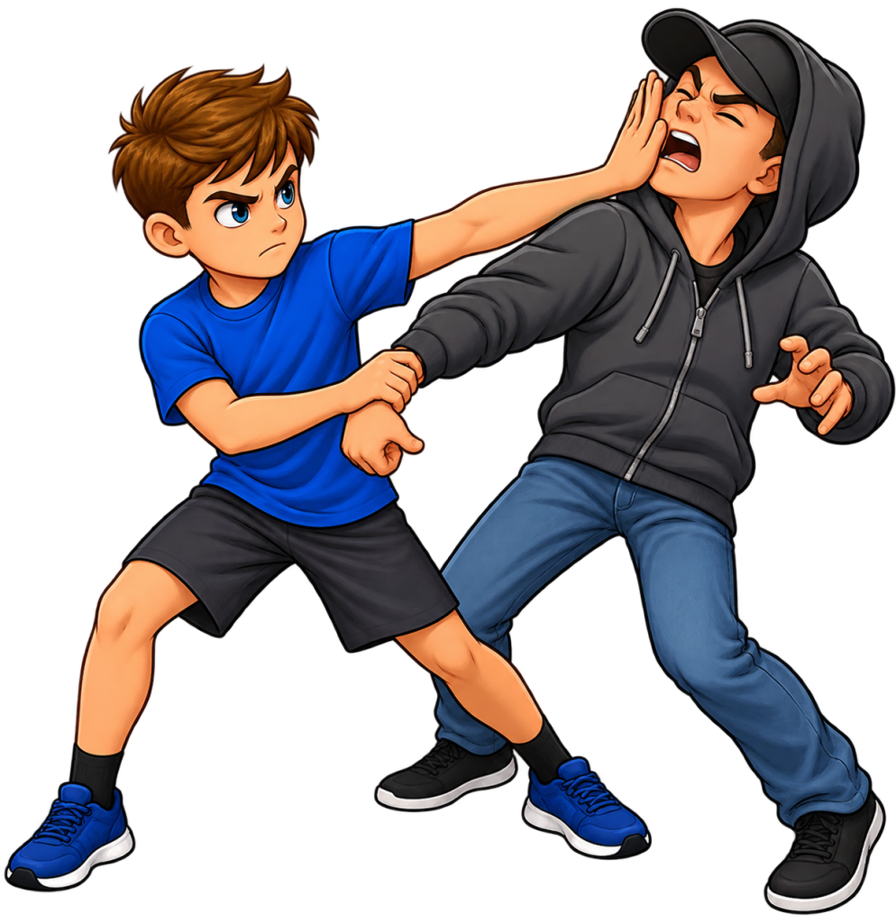 A young teenage boy practicing self-defense against an aggressor wearing a hooded sweatshirt.