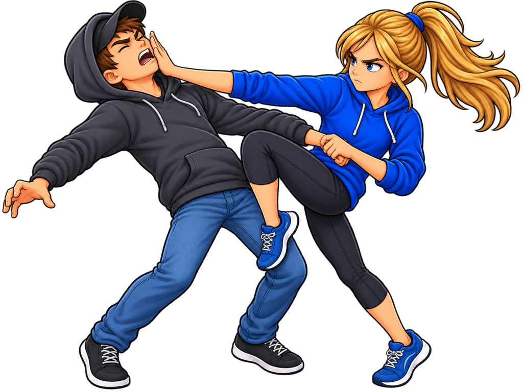 Blonde girl practicing self-defense against a male aggressor in a hooded sweatshirt.