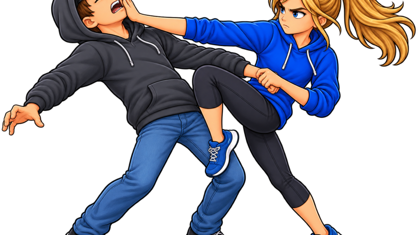 Blonde girl practicing self-defense against a male aggressor in a hooded sweatshirt.