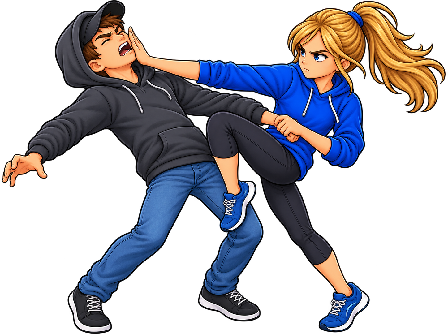 Blonde girl practicing self-defense against a male aggressor in a hooded sweatshirt.