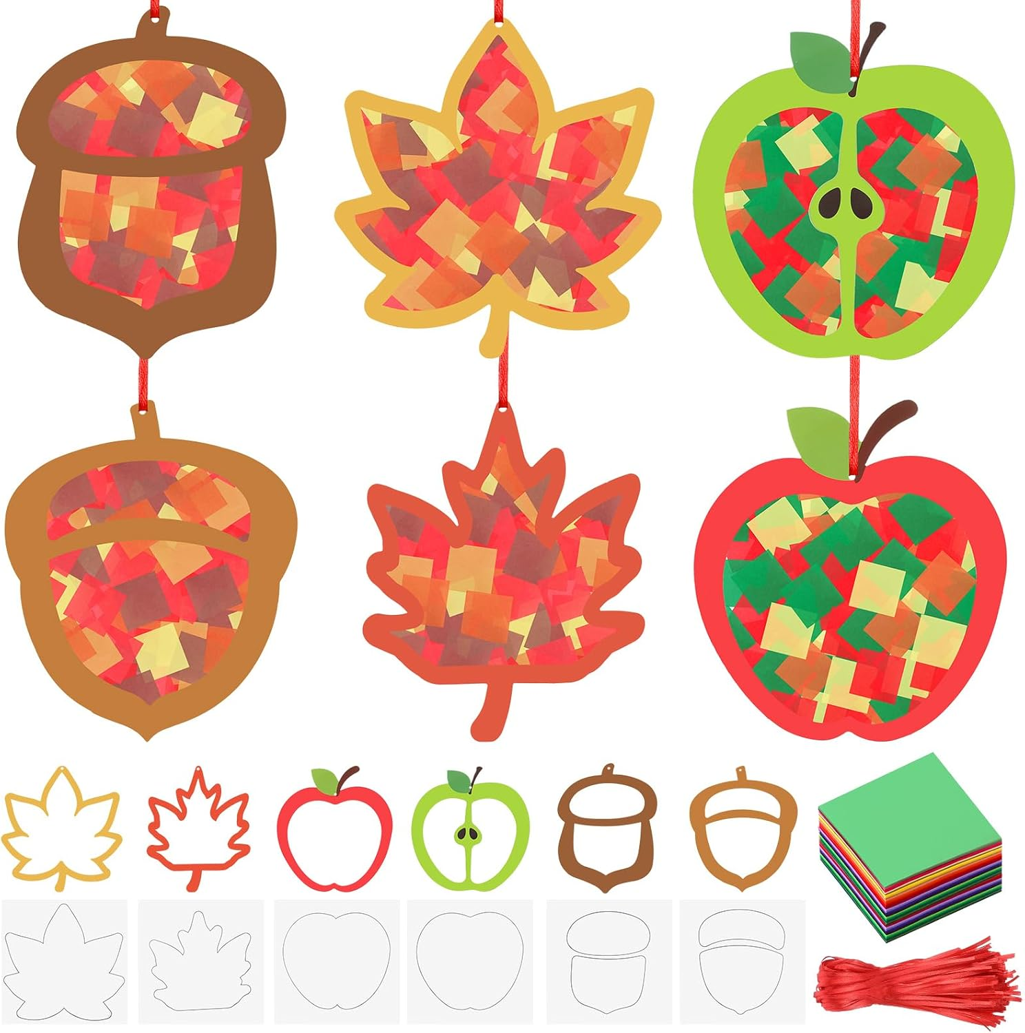suncatchers made using a paper shape, string and tissue paper