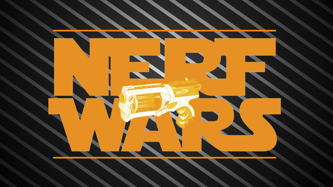 black background with NERF WARS in orange letters
