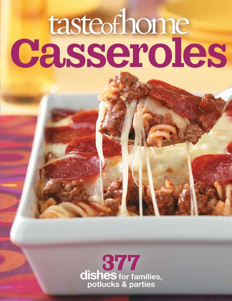 Taste of Home Casseroles book cover with cheesy casserole on the cover