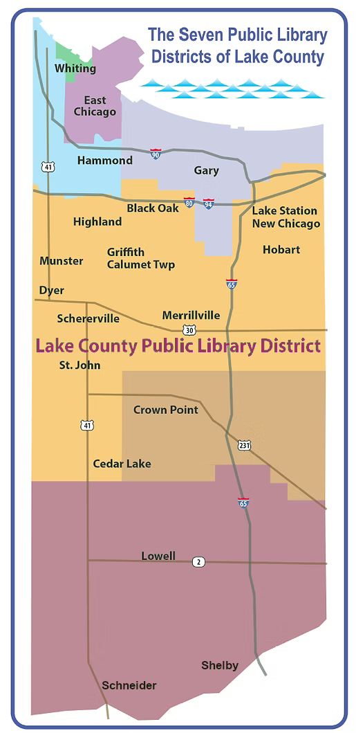 Lake-County-Library-Districts-with-Schneider-and-Shelby-Color-Corrected Map of Lake County Indiana's 7 library districts: Whiting, East Chicago, Hammond, Gary, Lake County Library System, Crown Point, Lowell Library System